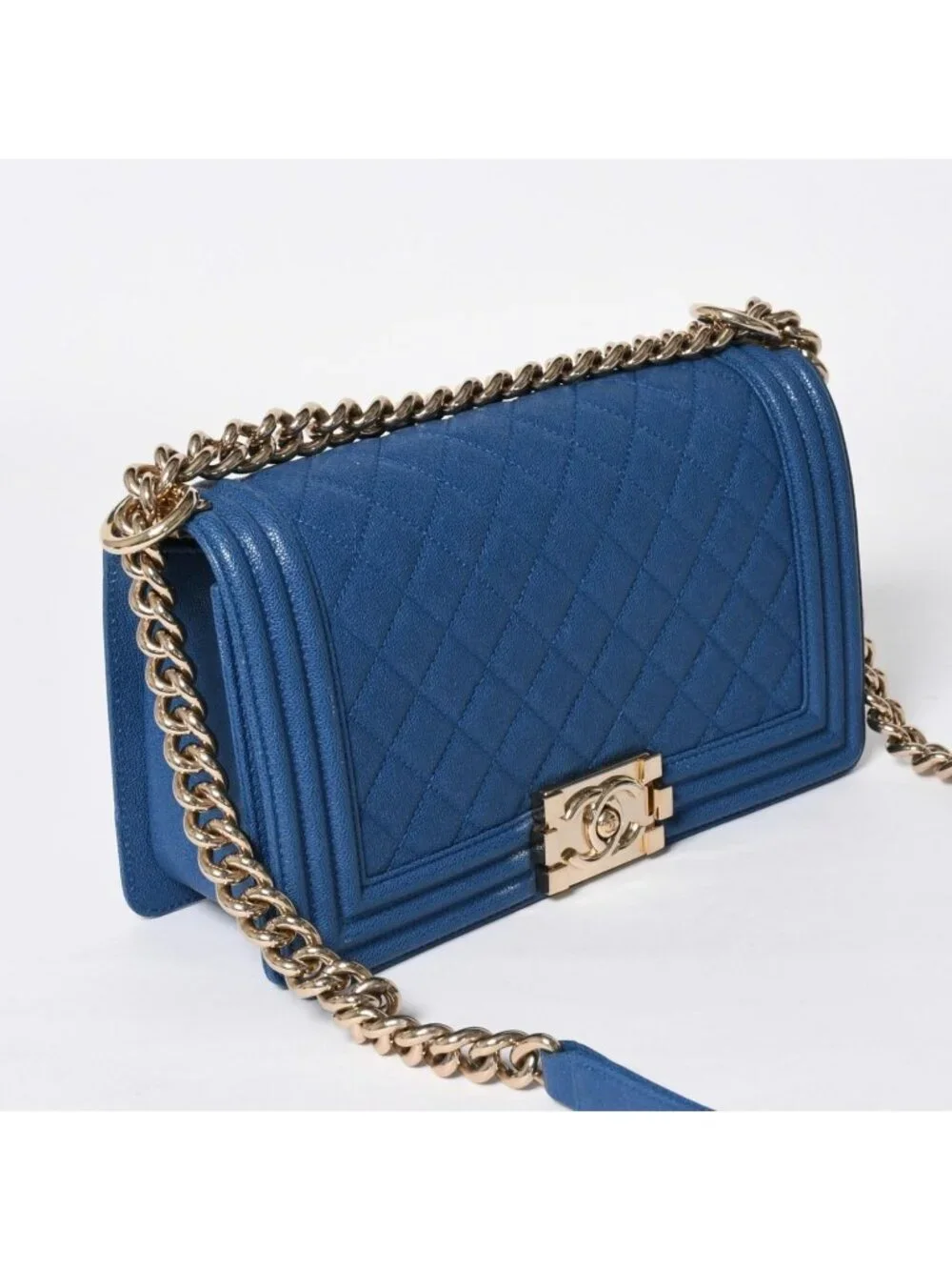 Chanel Boy 25 Chain Shoulder Bag CC Logo Caviar Leather Blue